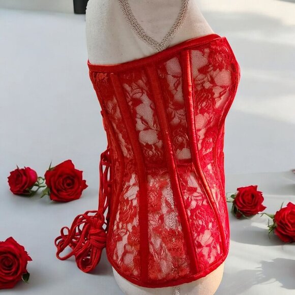 Dolls Kill x Lavish Red Lace Corset – Boned Strapless Top w/ Lace-Up Back | M - Picture 5 of 10